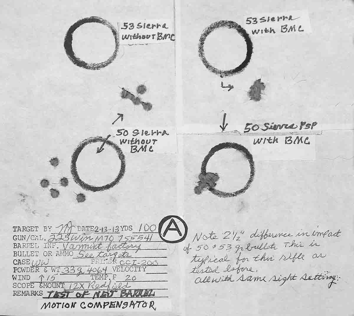 Target A was made without (left) and with (right) the use of the barrel motion compensator attached to a Model 70 .225 Winchester with a varmint-weight barrel. Accuracy was improved with 53- and 50-grain bullets.